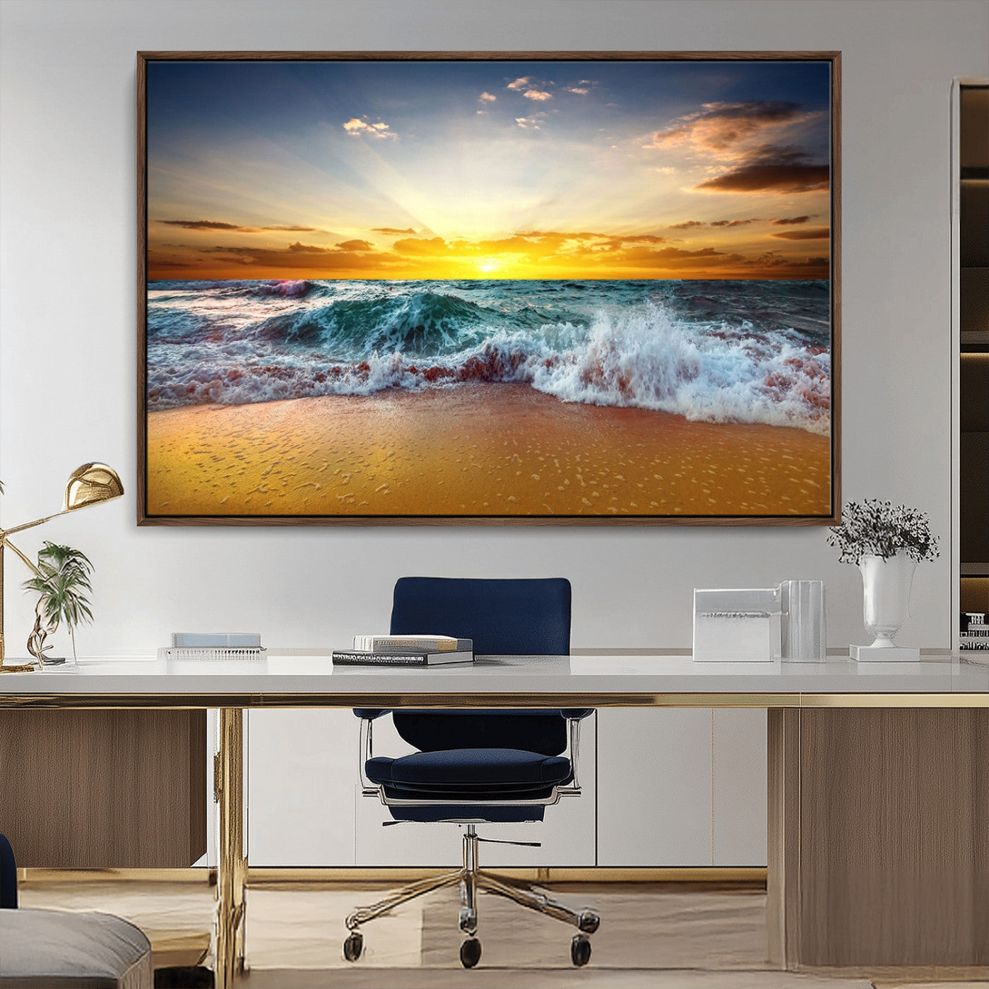 MGV-FC-36X24 - Golden Sunset Ocean Waves Wall Art Canvas Print – Multi Panel Beach Canvas Print Set – Large Coastal Triptych Print for Home or Farmhouse Decor