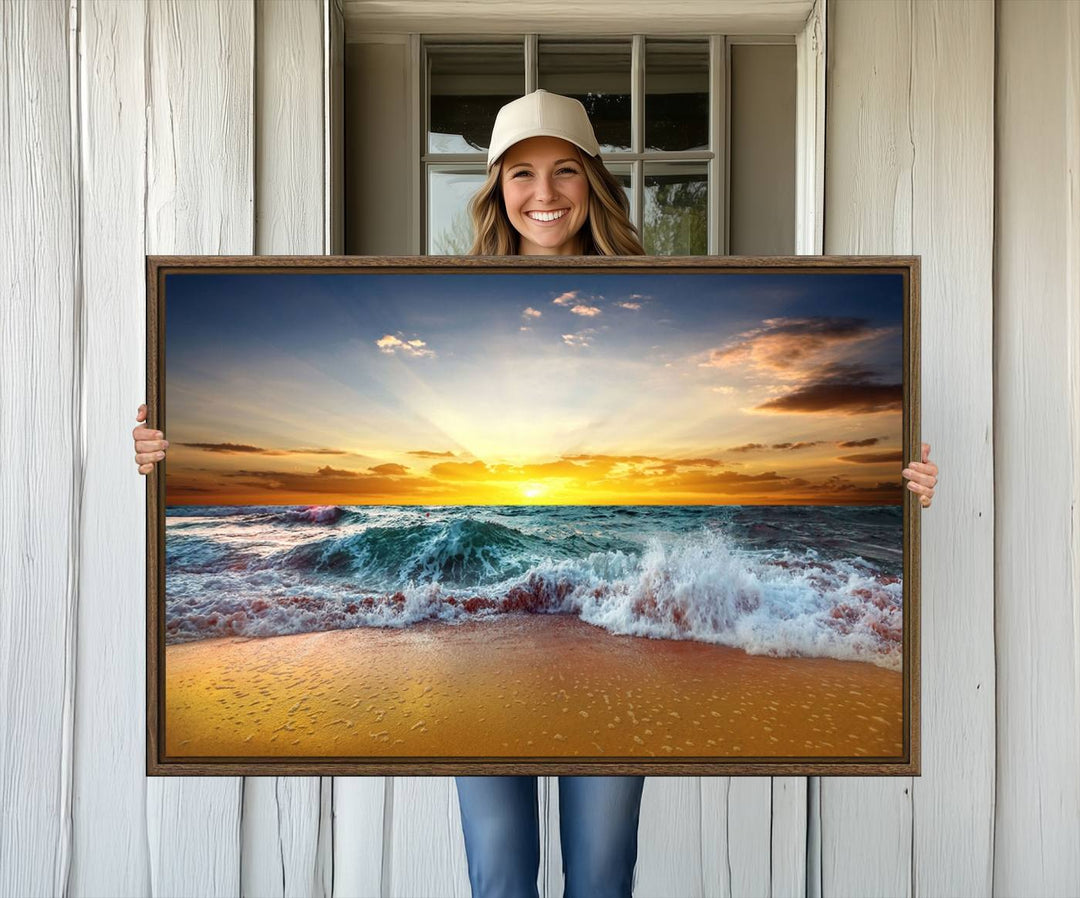 The kitchen features the Golden Sunset Ocean Waves multi-panel coastal wall art canvas.