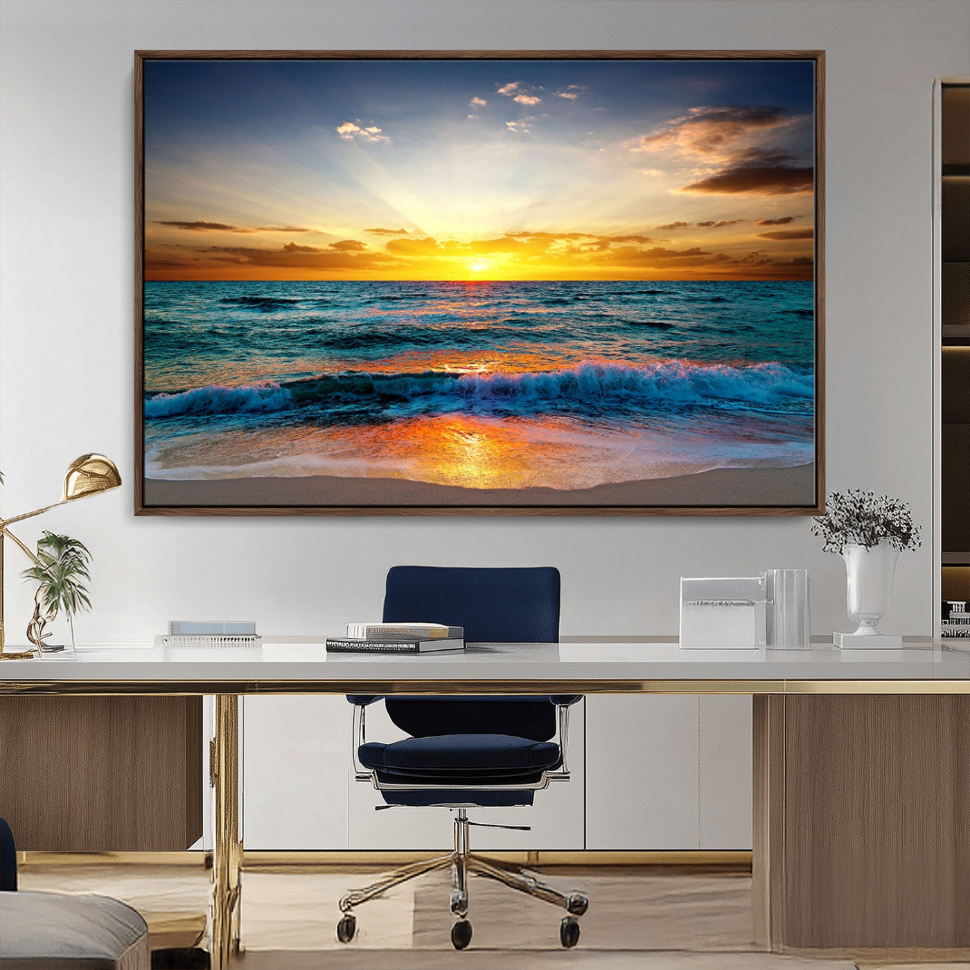 MGV-FC-36X24 - Vibrant Ocean Sunrise Over Golden Beach Waves, Giclee Canvas Wall Art Set, High-Quality Stretched Canvas Print, Ready to Hang Coastal Sunset Wall