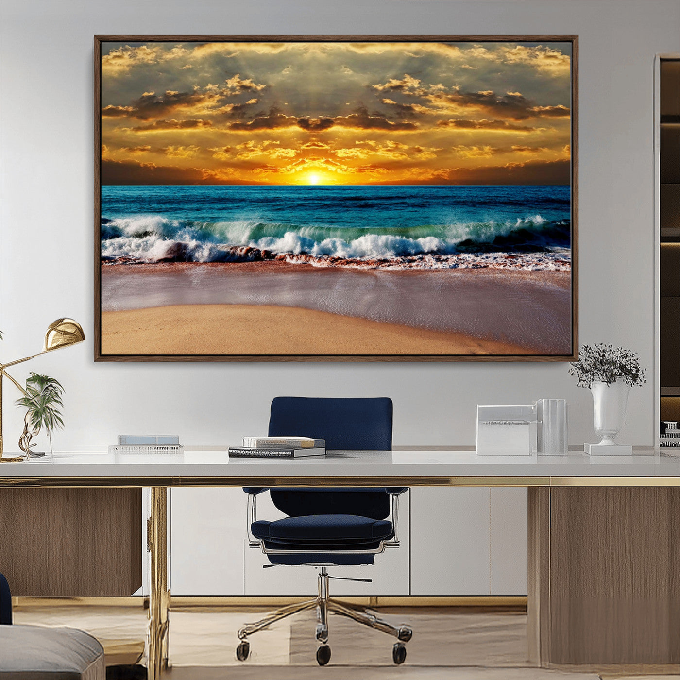 MGV-FC-36X24 - Ocean Sunrise Over Golden Beach Waves, Giclee Canvas Wall Art Set, High-Quality Stretched Canvas Print, Ready to Hang Coastal Sunset Wall Decor