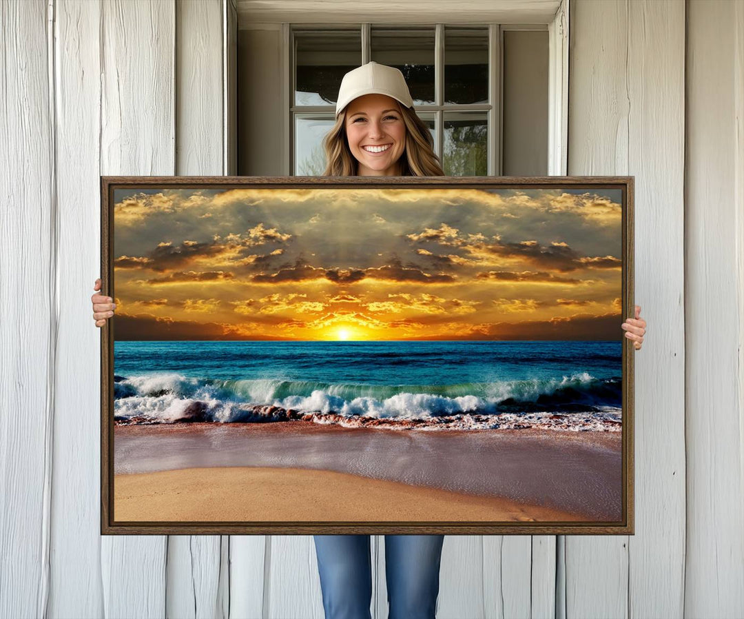 The Ocean Sunrise Over Golden Beach Waves wall art is prominently displayed, capturing the serene beauty of a beach at sunrise.