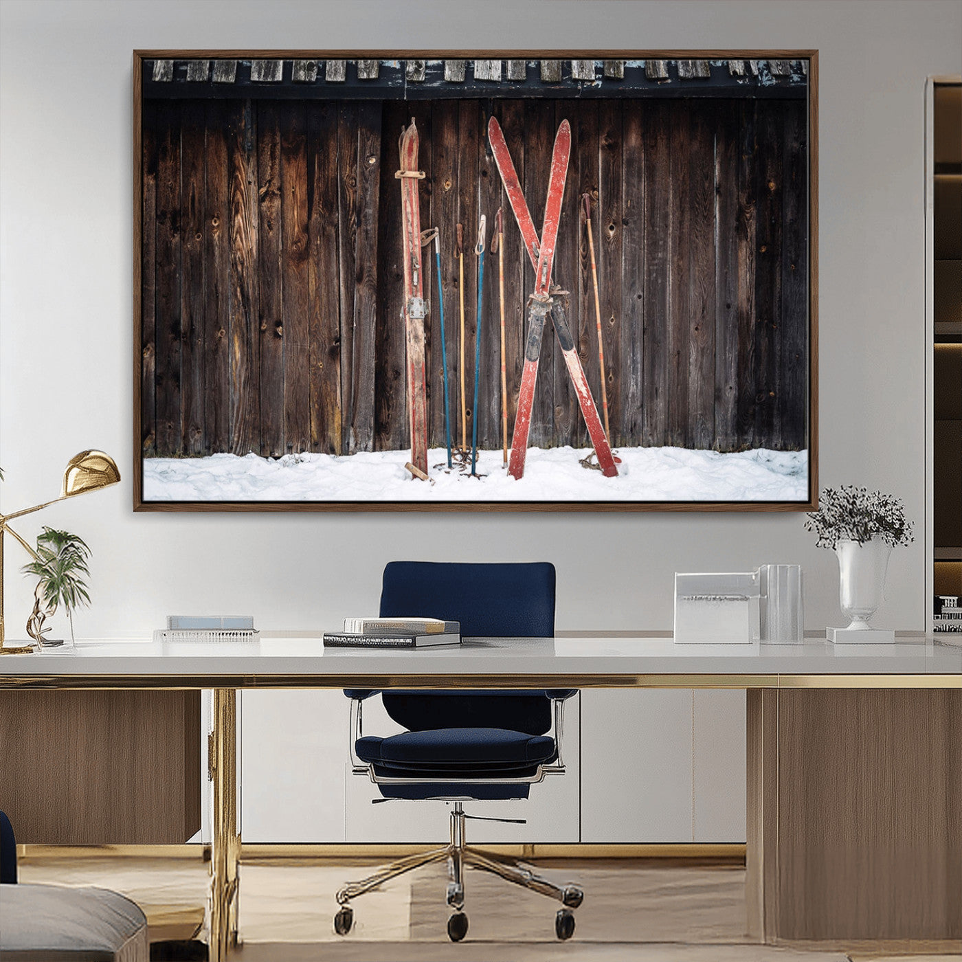 MGV-FC-36X24 - Vintage Ski Gear Against Wooden Cabin Wall, Rustic Winter Sports Equipment Canvas Print, Ready to Hang Wall Art, Perfect for Lodge or Ski Cabin Decor