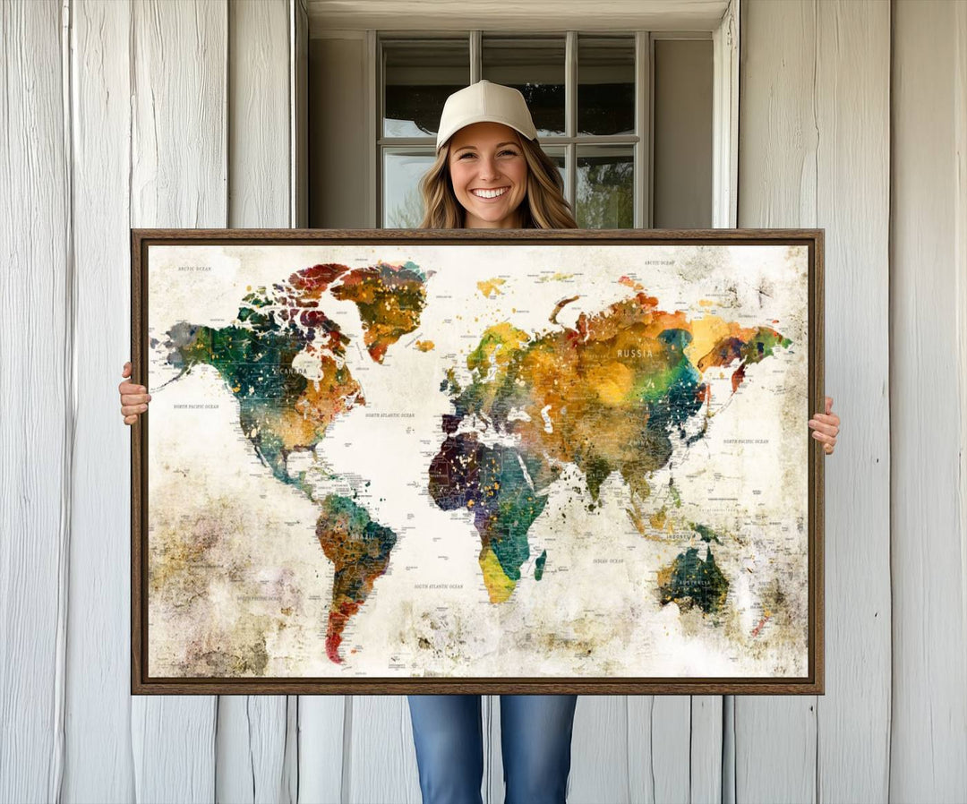 A 3-panel vintage world map canvas art is displayed.