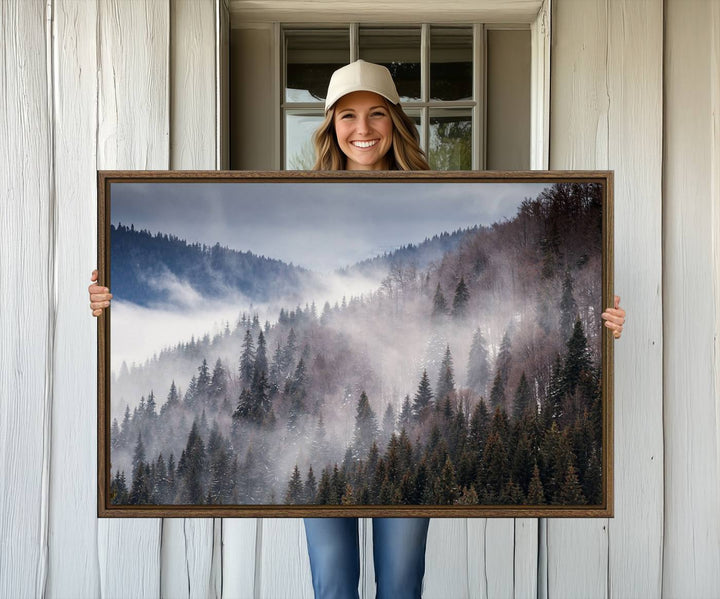 A museum-quality canvas of Beautiful Rising Fog in Winter Mountain Landscape hangs on the wall.