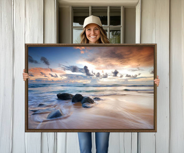 The Serene Weather On The Beach wall art canvas is ready to hang.