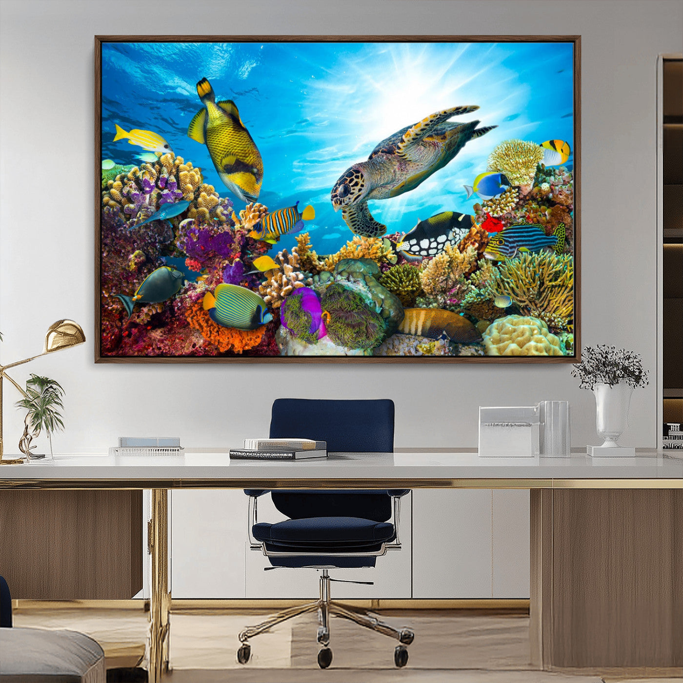 MGV-FC-36X24 - Sea Turtle Coral Reef Wall Art Print – Colorful Underwater Canvas Print – Tropical Ocean Marine Life Artwork – Perfect for Coastal Home Decor