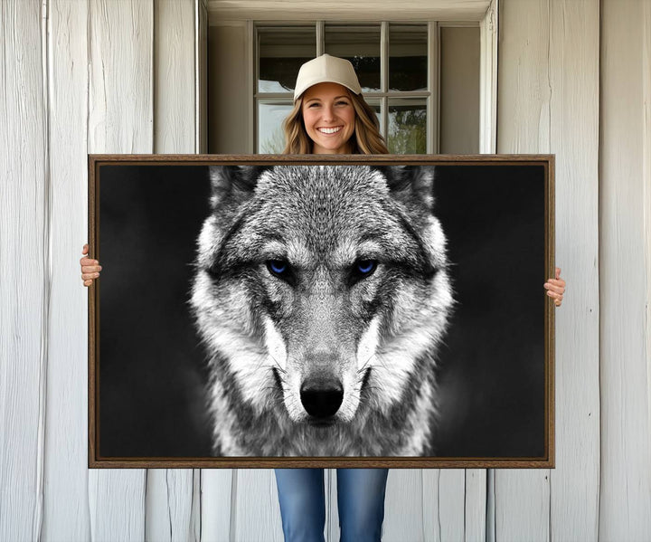 A ready-to-hang Black and White Wild Wolf Wall Art Canvas Print.