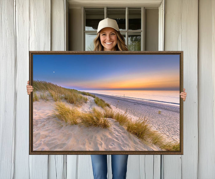 The cozy kitchen features the Sunrise On The Beach canvas art.