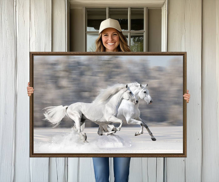 Museum-quality All The White Horses canvas print of two white horses in snow, ready to hang.