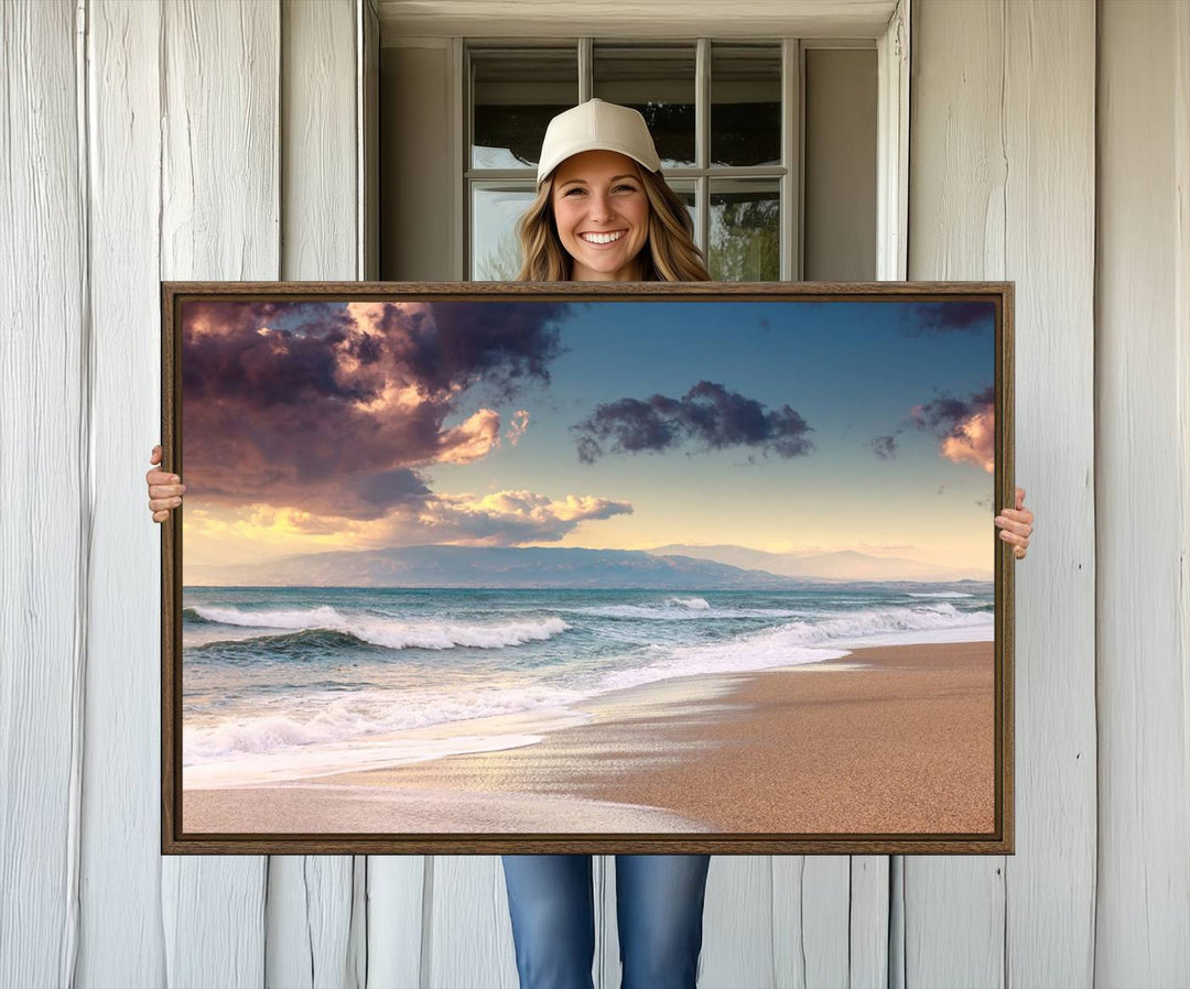 The dining area is enhanced with the Cloudy Weather Beach Sunset Canvas Print.