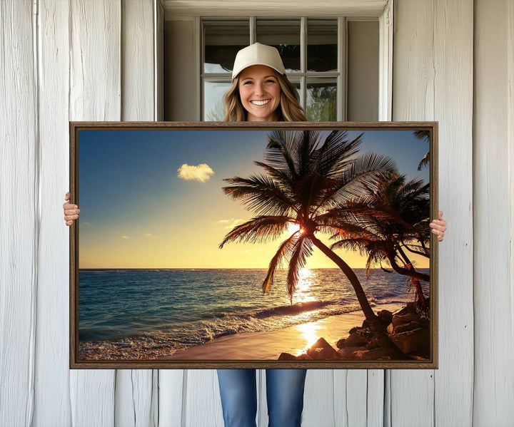 Sunset Palm Trees Wall Art Canvas Print: a serene beach scene on museum-quality canvas.