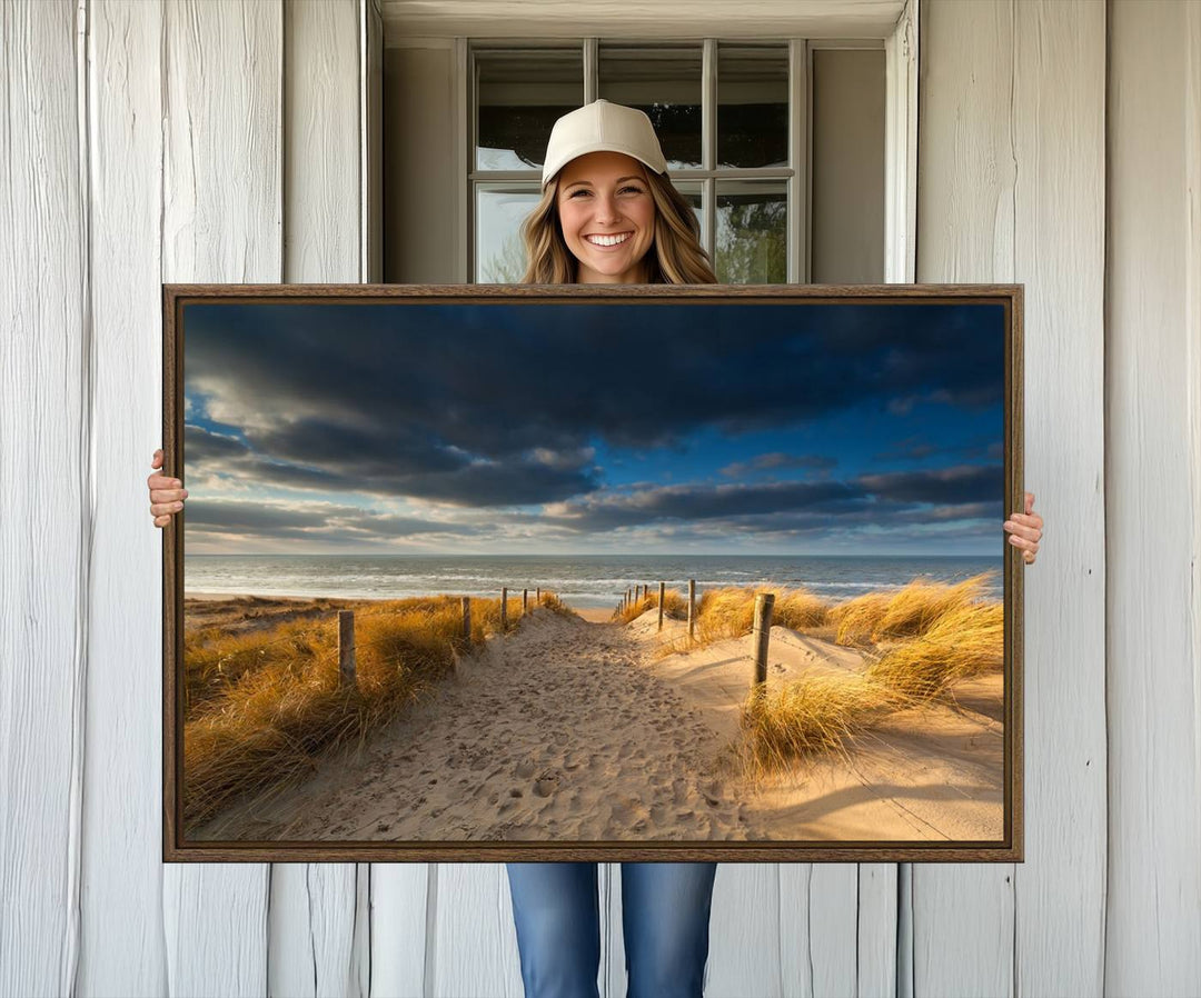 Museum-quality Ocean Beach Dark Clouds canvas print.