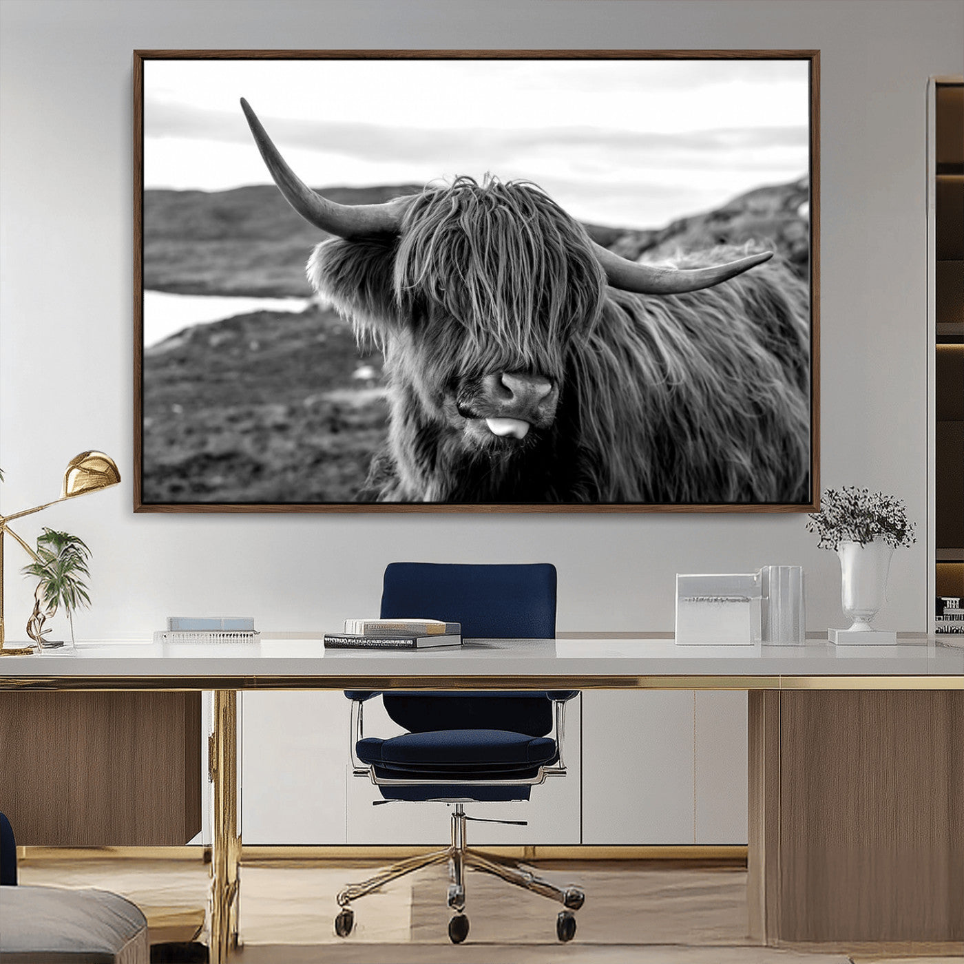MGV-FC-36X24 - Highland Cow Canvas Wall Art – Black and White Animal Portrait – Framed and Ready to Hang Rustic Farmhouse Decor for Living Room or Office