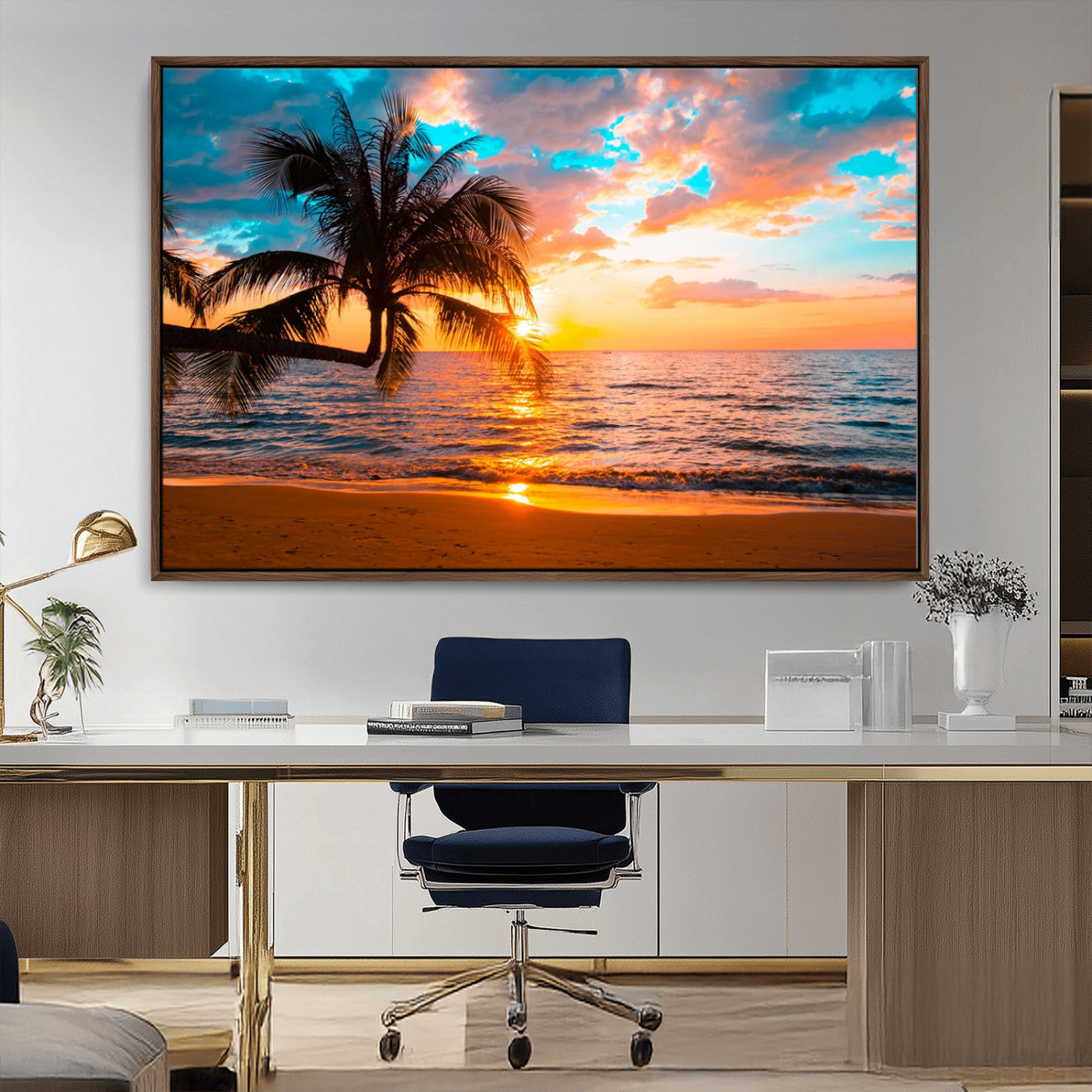 -Palm Tree Sunset On The Beach Wall Art Canvas, Framed Palm Tree Sunset Canvas Print