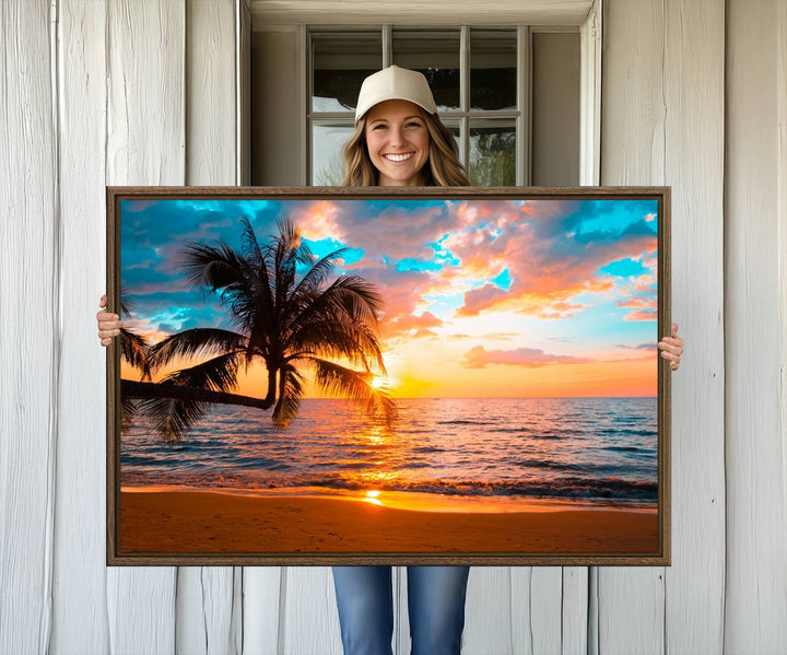 The Palm Tree Sunset On The Beach ready-to-hang canvas wall art—museum quality—brings a serene atmosphere to the room.