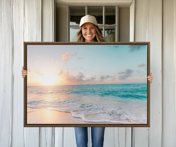 The room features a 3-panel Tranquil Ocean Beach Sunset Canvas Wall Art.