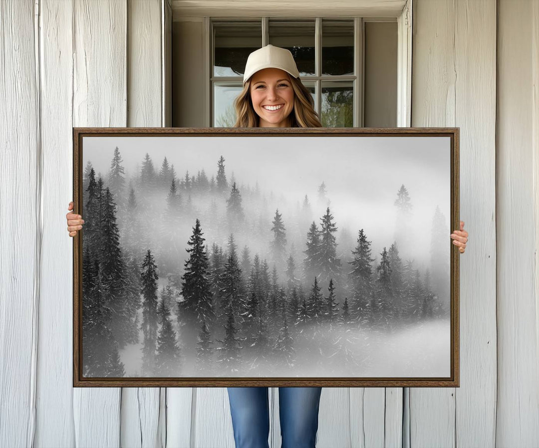 A stunning Foggy Misty Forest Canvas Wall Art adorns the kitchen wall.