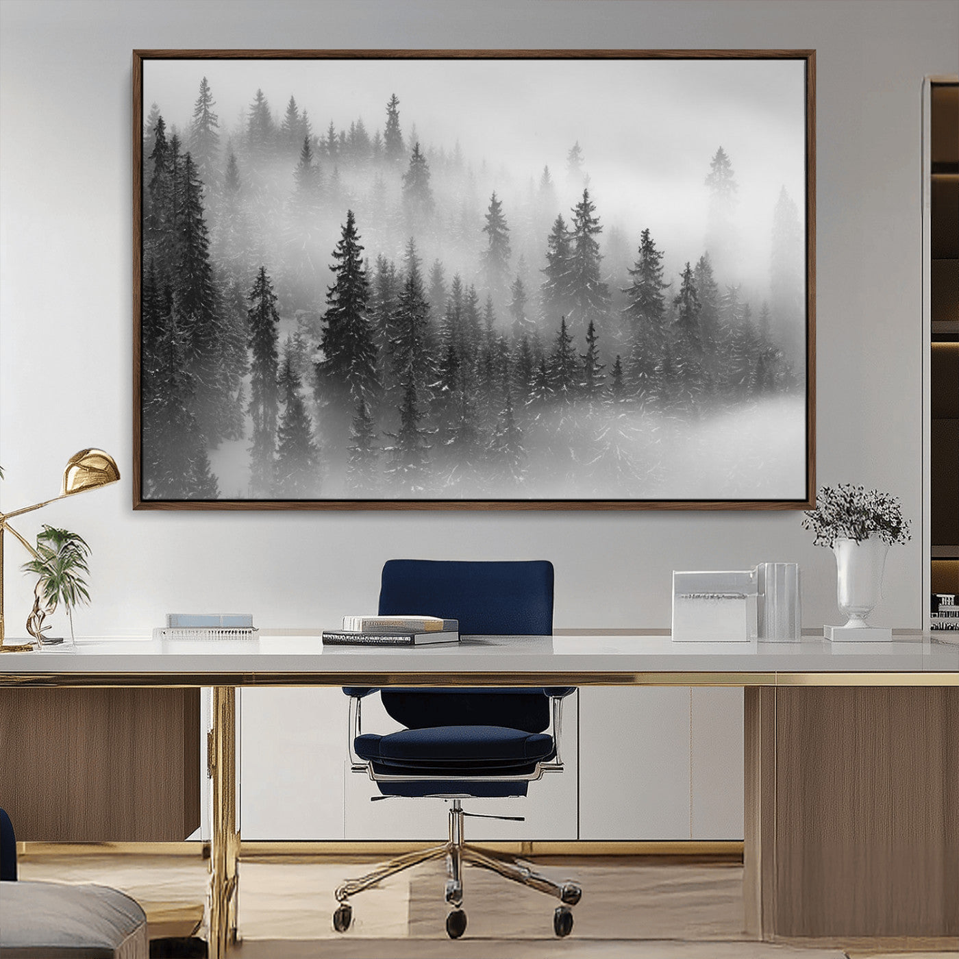 MGV-FC-36X24 - Black and White Forest Wall Art Print – Misty Pine Tree Canvas Print – Winter Woodland Nature Artwork – Perfect for Minimalist Home Decor