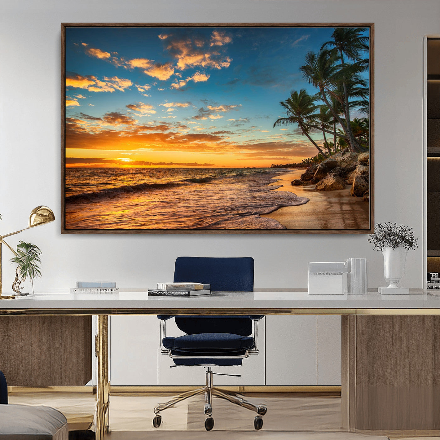 MGV-FC-36X24 - Tropical Beach Sunset Wall Art Print – Palm Tree Coastal Canvas Print – Ocean Seascape Artwork – Perfect for Tropical Modern Home Decor