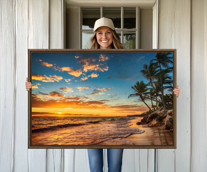 A stunning beach sunset on a museum-quality Sunset Wall Art Canvas Print adorns the kitchen wall.