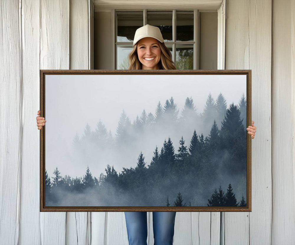 A large Foggy Pine Forest Wall Art Canvas Print.