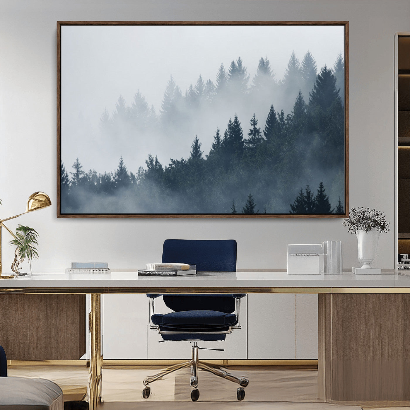 MGV-FC-36X24 - Misty Forest Wall Art Print – Foggy Pine Tree Canvas Print – Dark Woodland Nature Artwork – Perfect for Minimalist and Modern Home Decor