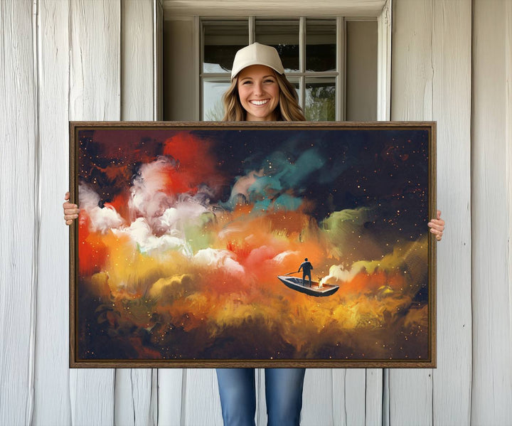 Surreal Space Adventure Canvas Wall Art features a person in a boat.