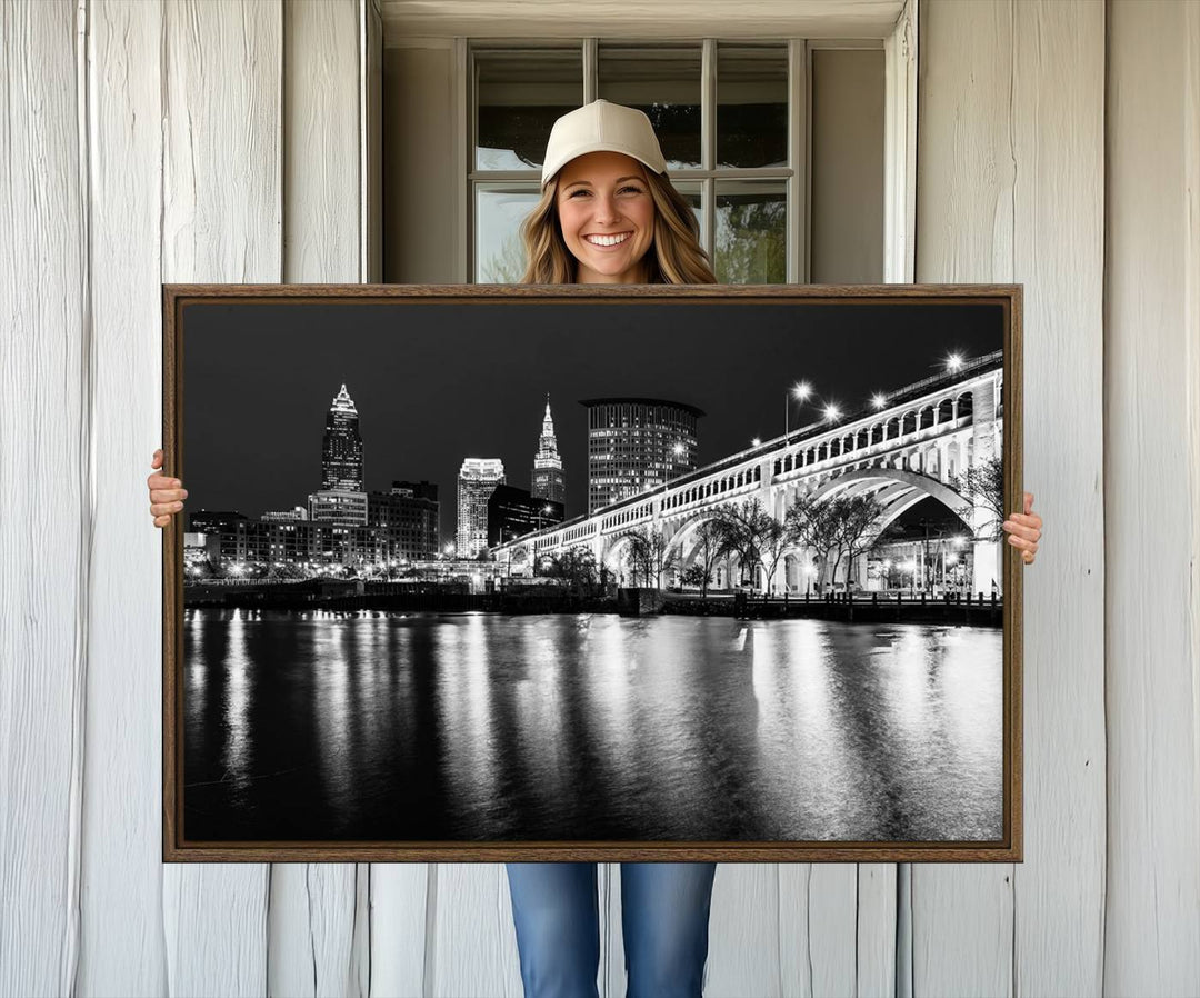 The Cleveland Night Skyline Canvas Print hangs prominently.