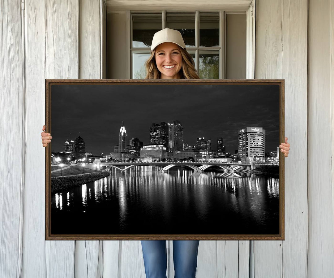 Columbus City Lights Skyline canvas print in black and white, featuring museum-quality craftsmanship and free shipping.