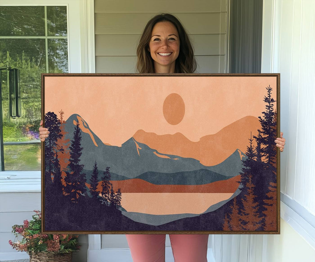 The Modern Boho Sunset Triptych displays a mountain sunset.