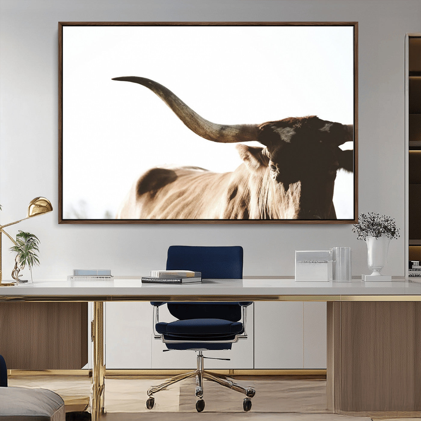 MGV-FC-36X24 - Texas Longhorn Wall Art Canvas Print | 3-Panel Large Longhorn Canvas Print for Living Room, Framed Gallery Wrap Office, Rustic Western Cowboy Decor