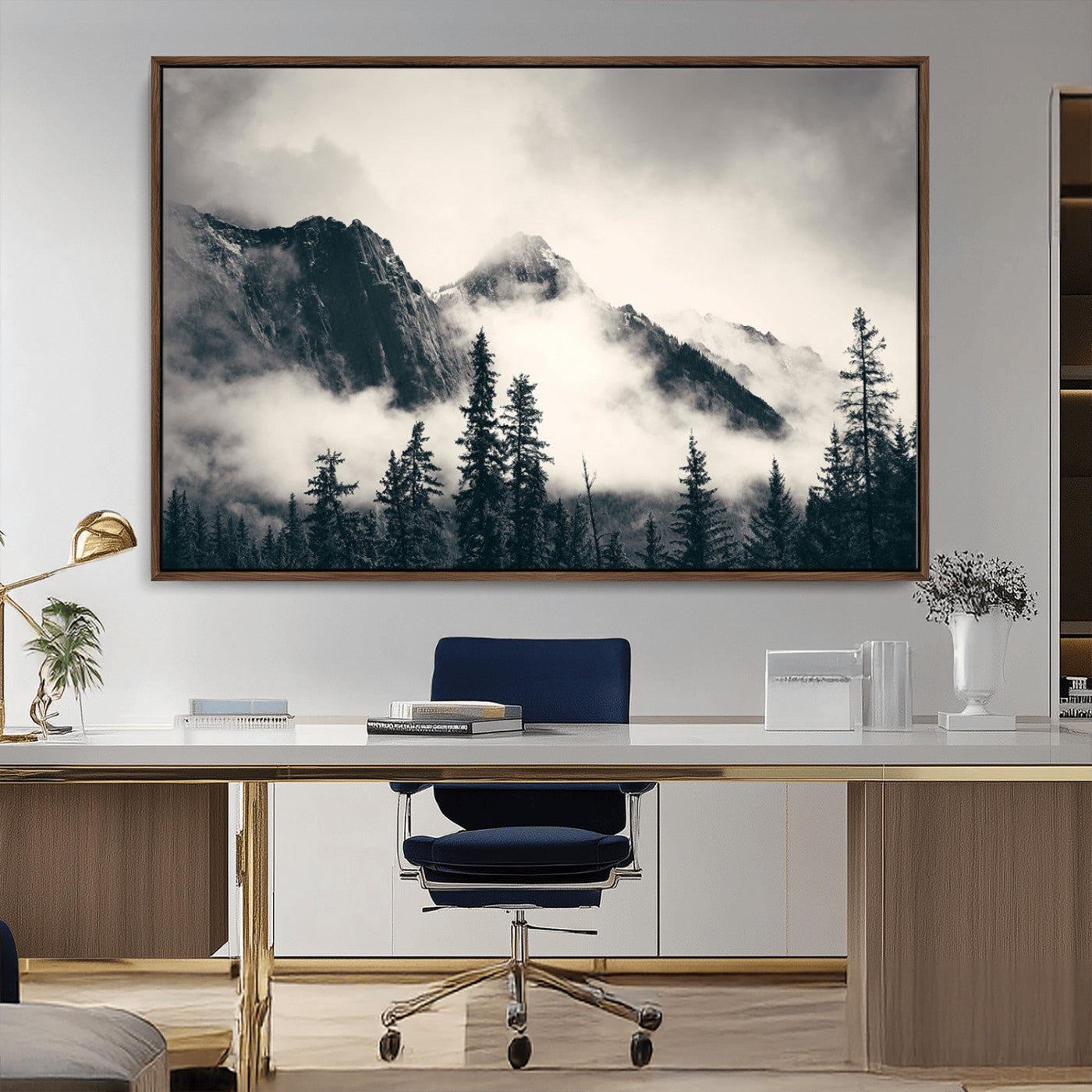 MGV-FC-36X24 - Large Foggy Mountain Forest Wall Art Canvas Print | Misty Mountain Peaks and Pine Trees Print | Framed Gallery Wrap | Rustic Nature Farmhouse Decor