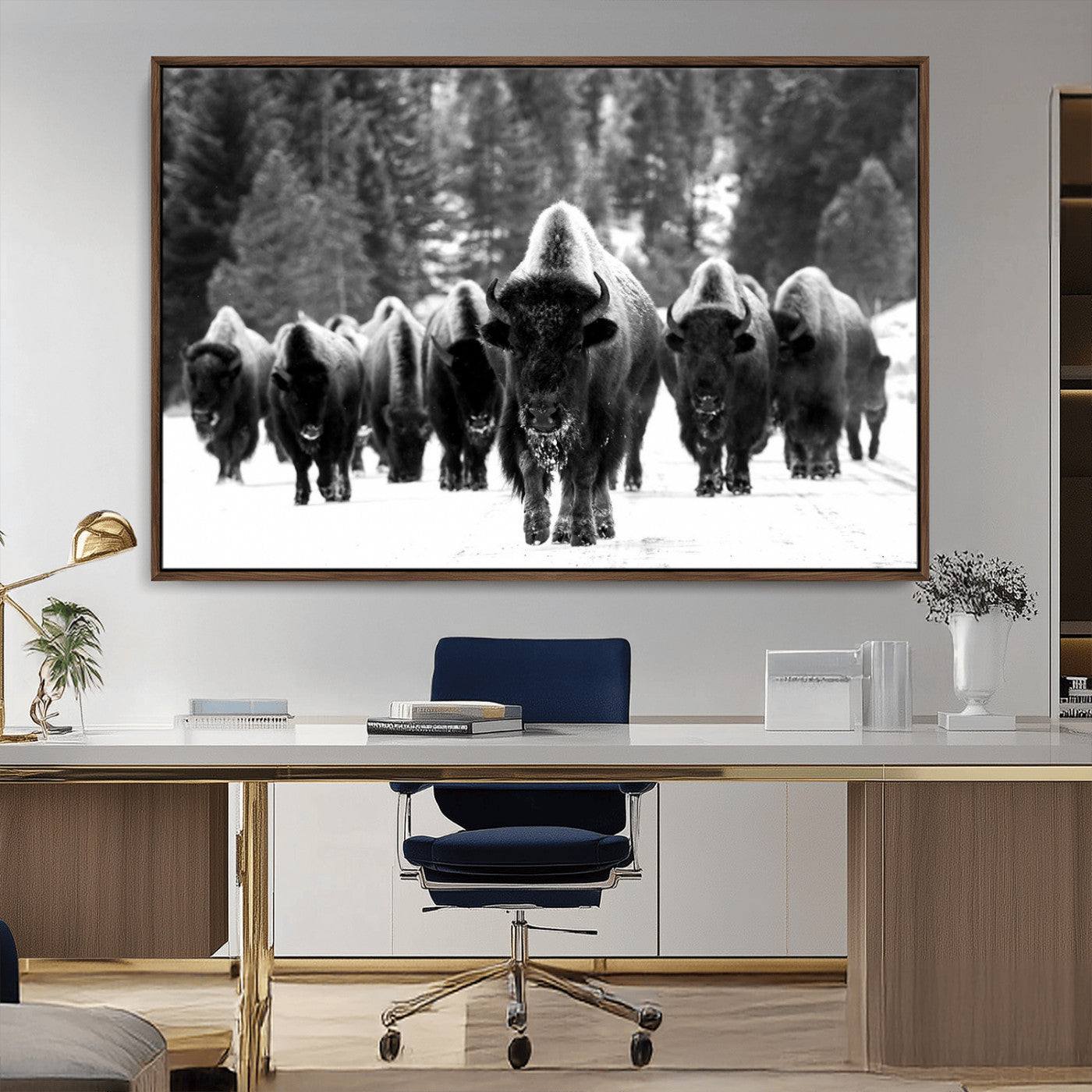 62434-MGV-CV-36X24-Bison Herd in Snow Wall Art Canvas Print | Rustic Western Bison Wall Art for Decor for Living Room,