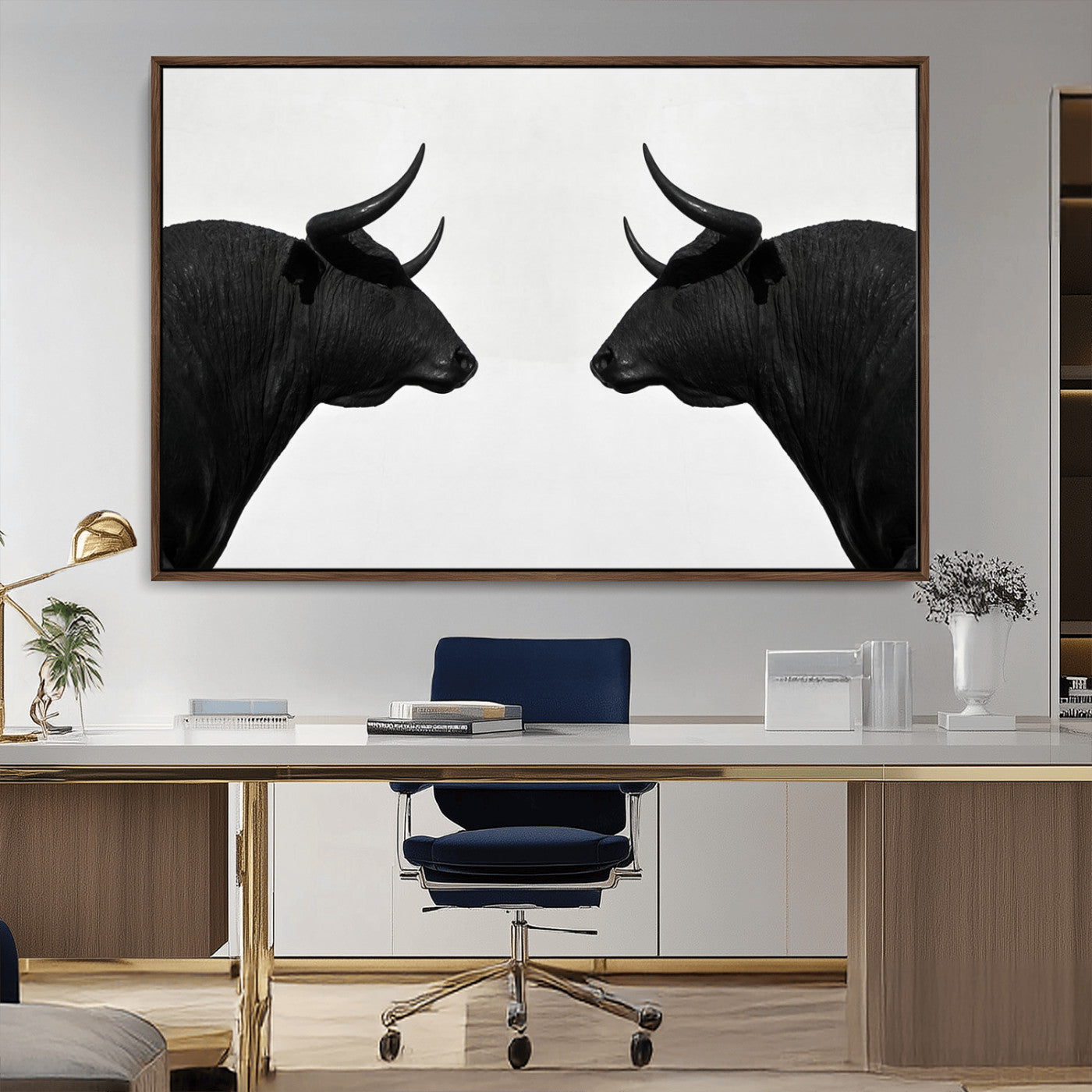 -Spanish Bull Art - Framed Black and White Bull Canvas Print for Modern Rustic Home or Office Decor