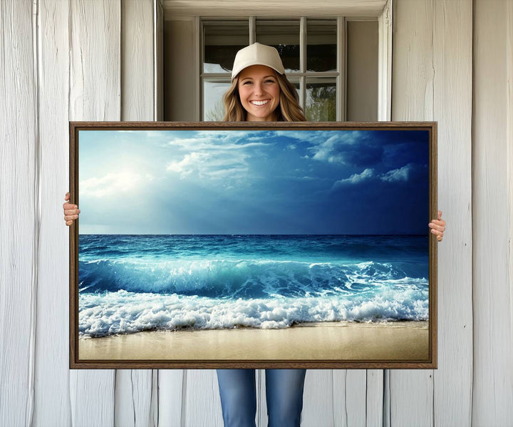 The Majestic Ocean Wave Wall Art Canvas, a 3-panel seascape print, is featured prominently.