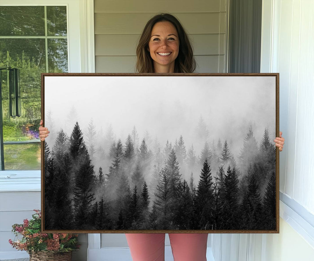 Black and white canvas art depicts a misty pine forest, offering a dense landscape that appeals to nature and woodland art lovers.