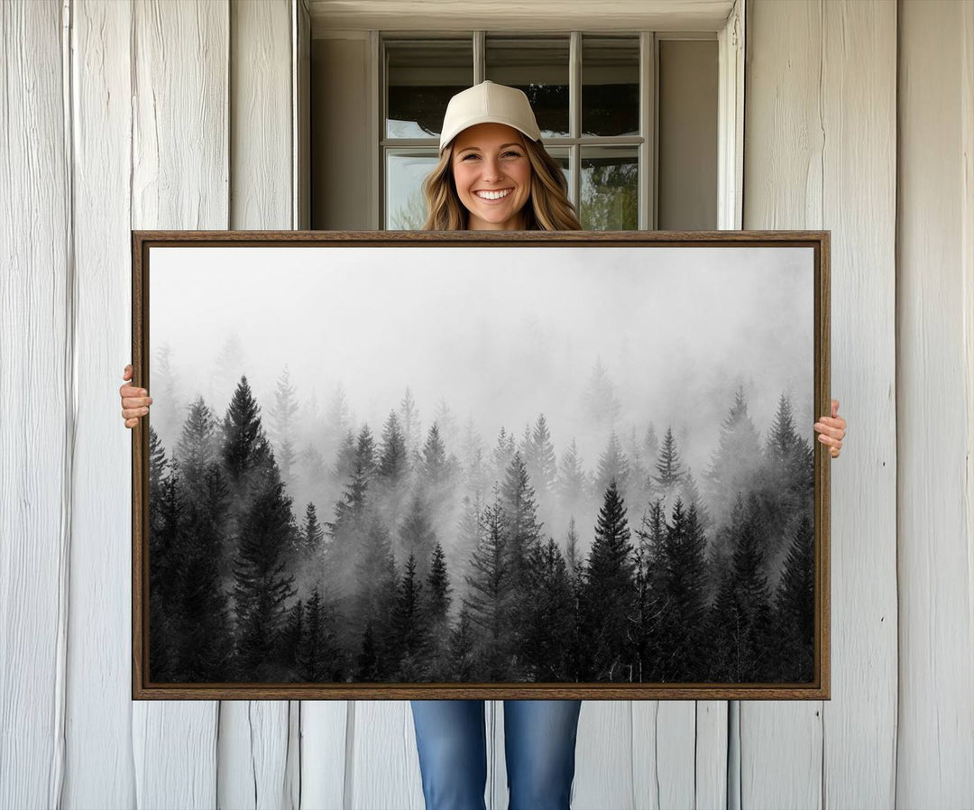 The Foggy B&W Forest Wall Art, featuring pine trees, enhances the minimalist kitchen ambiance.