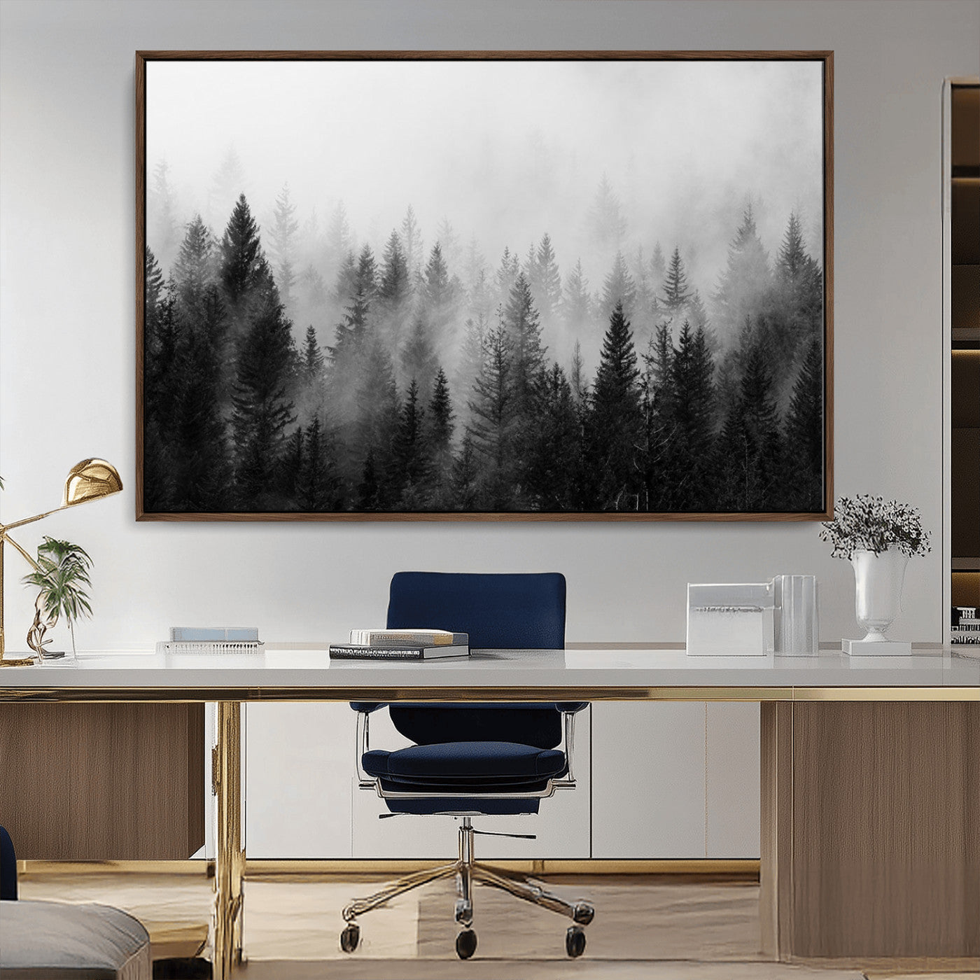 MGV-FC-36X24 - Foggy Black and White Forest Wall Art, 3 Panel Misty Pine Trees Canvas Print for Living Room, Office, or Bedroom, Nature-Inspired Woodland Wall Decor