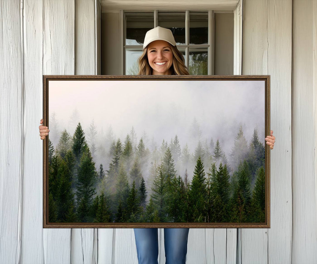 Misty Pine Forest Canvas Print serves as a foggy forest decor piece in the kitchen.