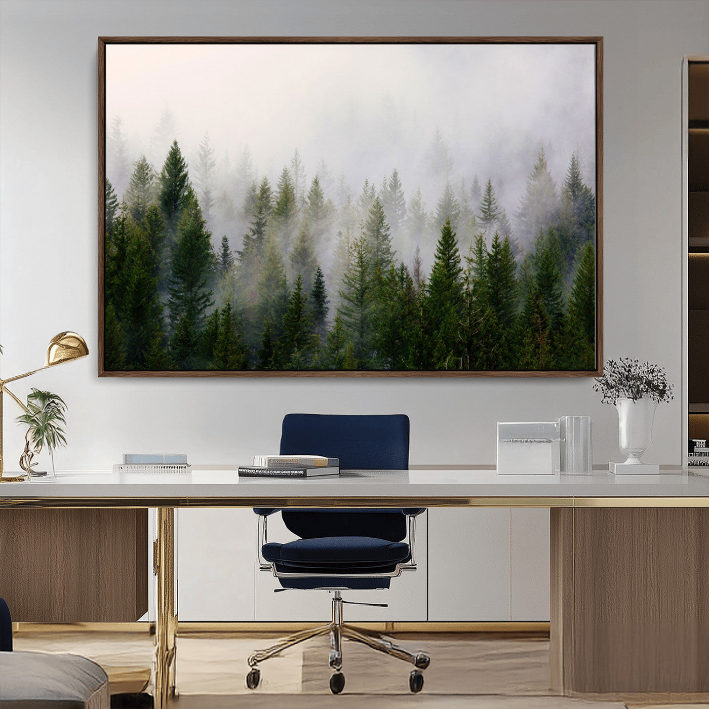MGV-FC-36X24 - Misty Pine Forest Wall Art Canvas Print | 3 Panel Green Woodland Canvas Print for Living Room, Office, or Dining Room | Nature Foggy Forest Decor