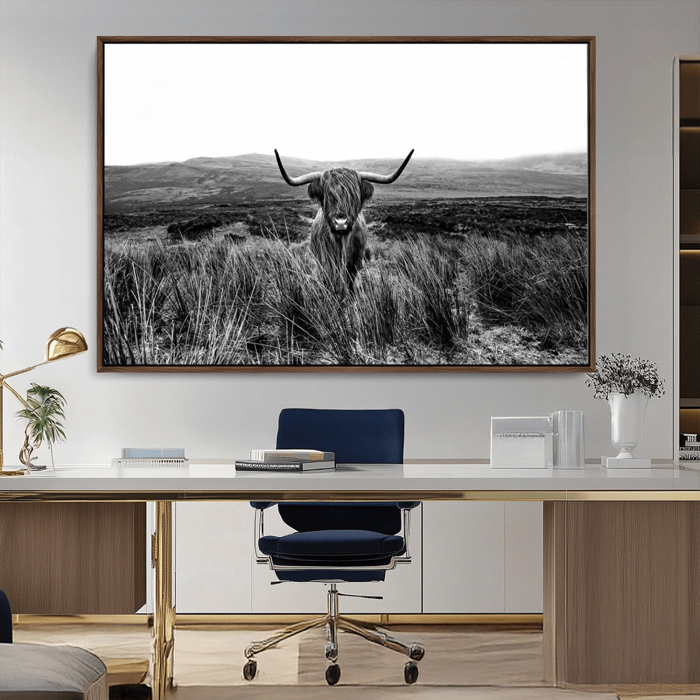 MGV-FC-36X24 - Black and White Highland Cow Canvas Wall Art, Longhorn Triptych Western Wall Decor for Cabin -