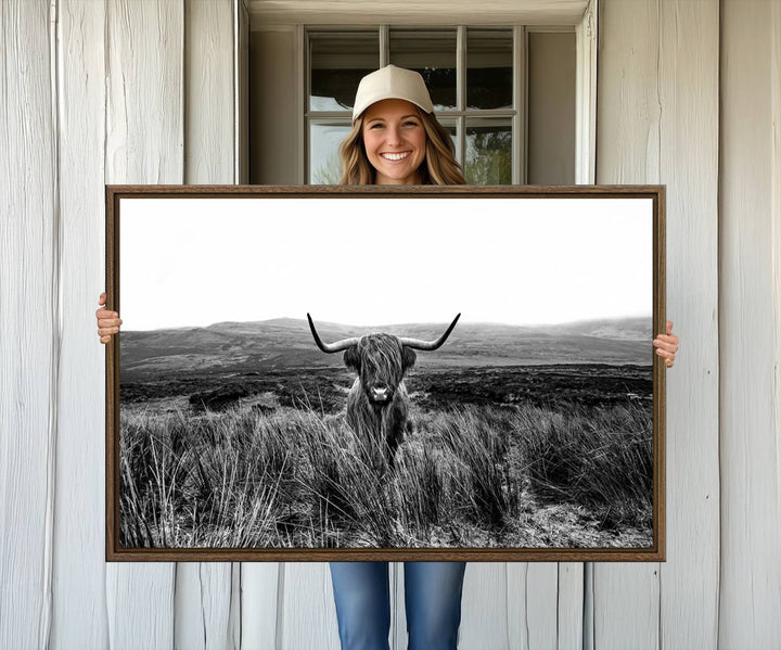 Dining room featuring a Black and White Highland Cow Canvas for a Western-themed decor.