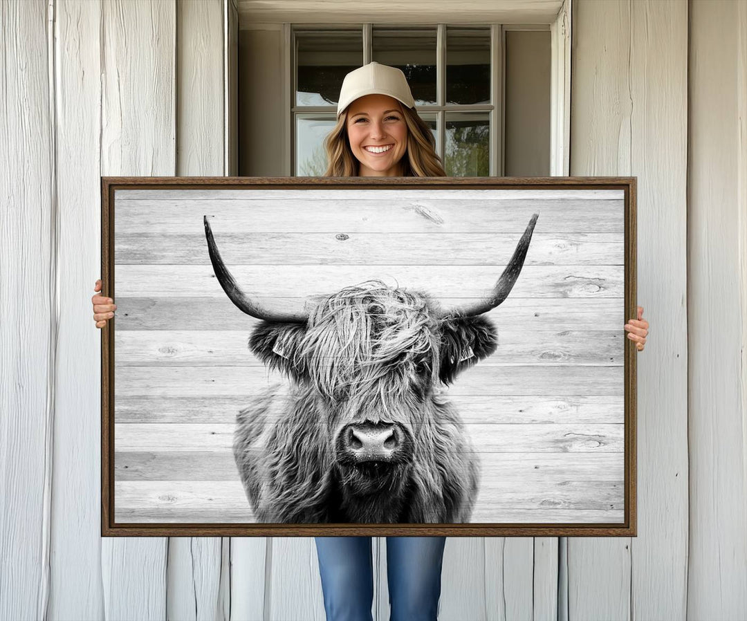 Scottish Highland Cow Cattle Art adds rustic farmhouse charm to the space.