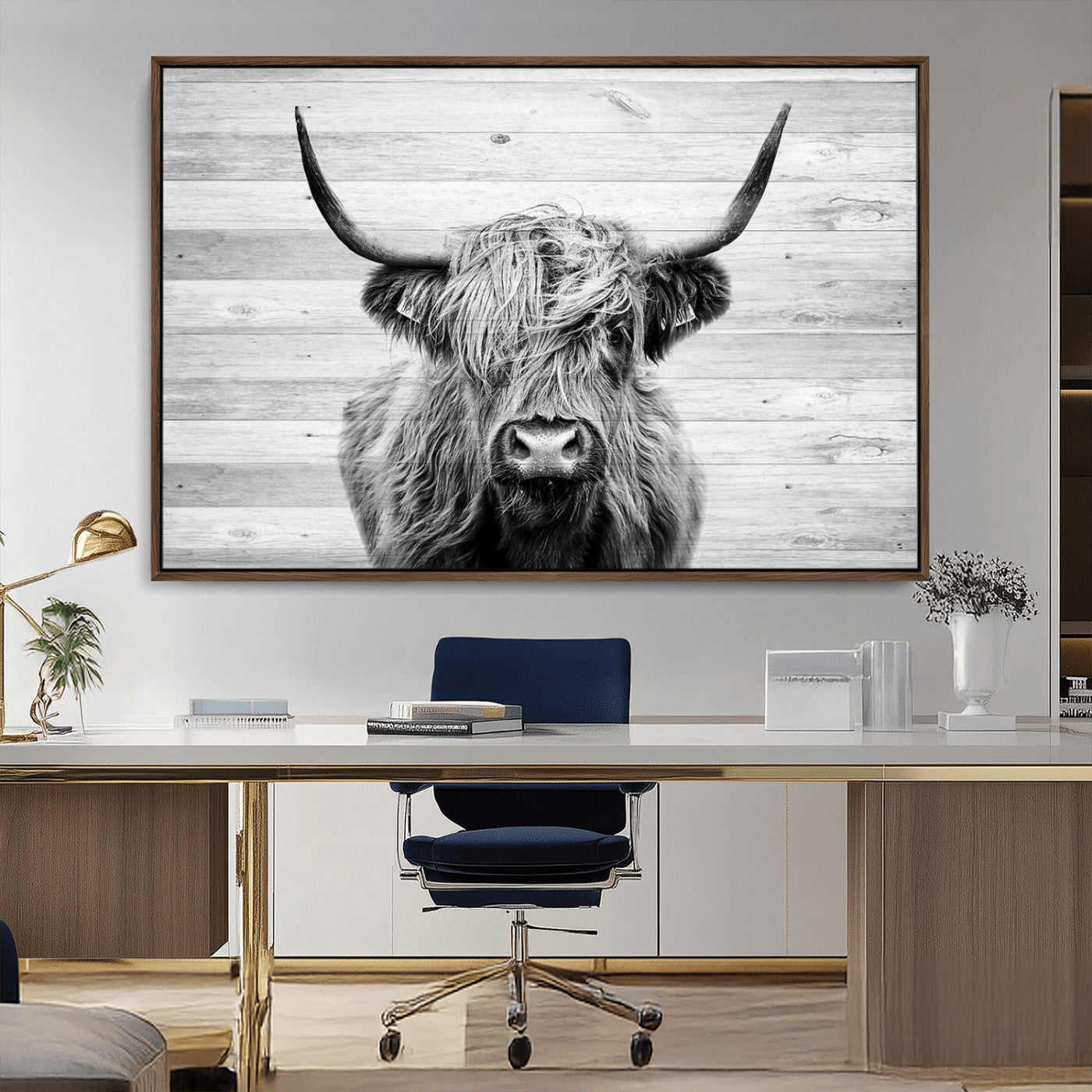 MGV-FC-36X24 - Scottish Highland Cow Cattle Art Print on Wood Background Style