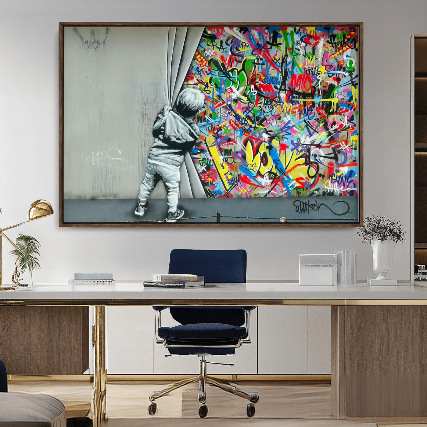 MGV-FC-36X24 - Banksy Colorful Street Graffiti Canvas Wall Art Print, Modern Art Triptych, Child and Graffiti Wall, Urban Art for Home or Office Decor