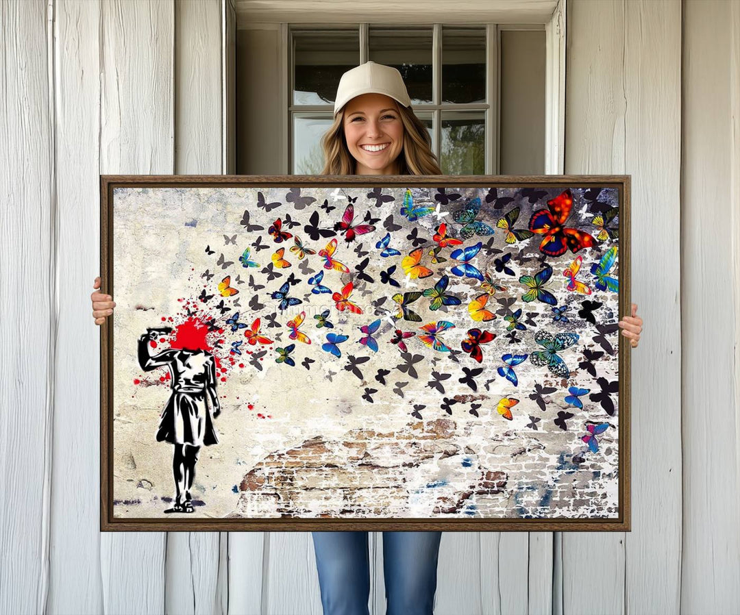 Banksy Art Butterfly Girl Explosion: Vibrant urban graffiti canvas for modern interiors, ready to hang.