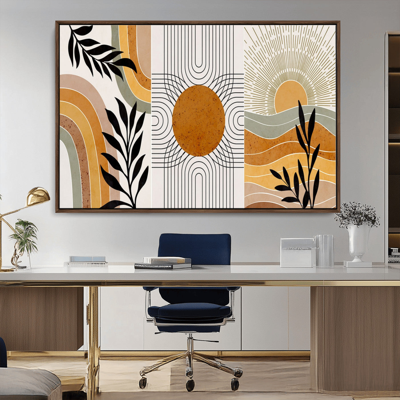 MGV-FC-36X24 - Modern Boho Sun and Leaf Abstract Art – 3-Panel Giclée Canvas for Mid-Century Modern or Bohemian