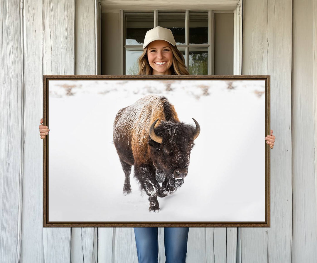 Bison Winter Wall Art Canvas Print for farmhouse decor.