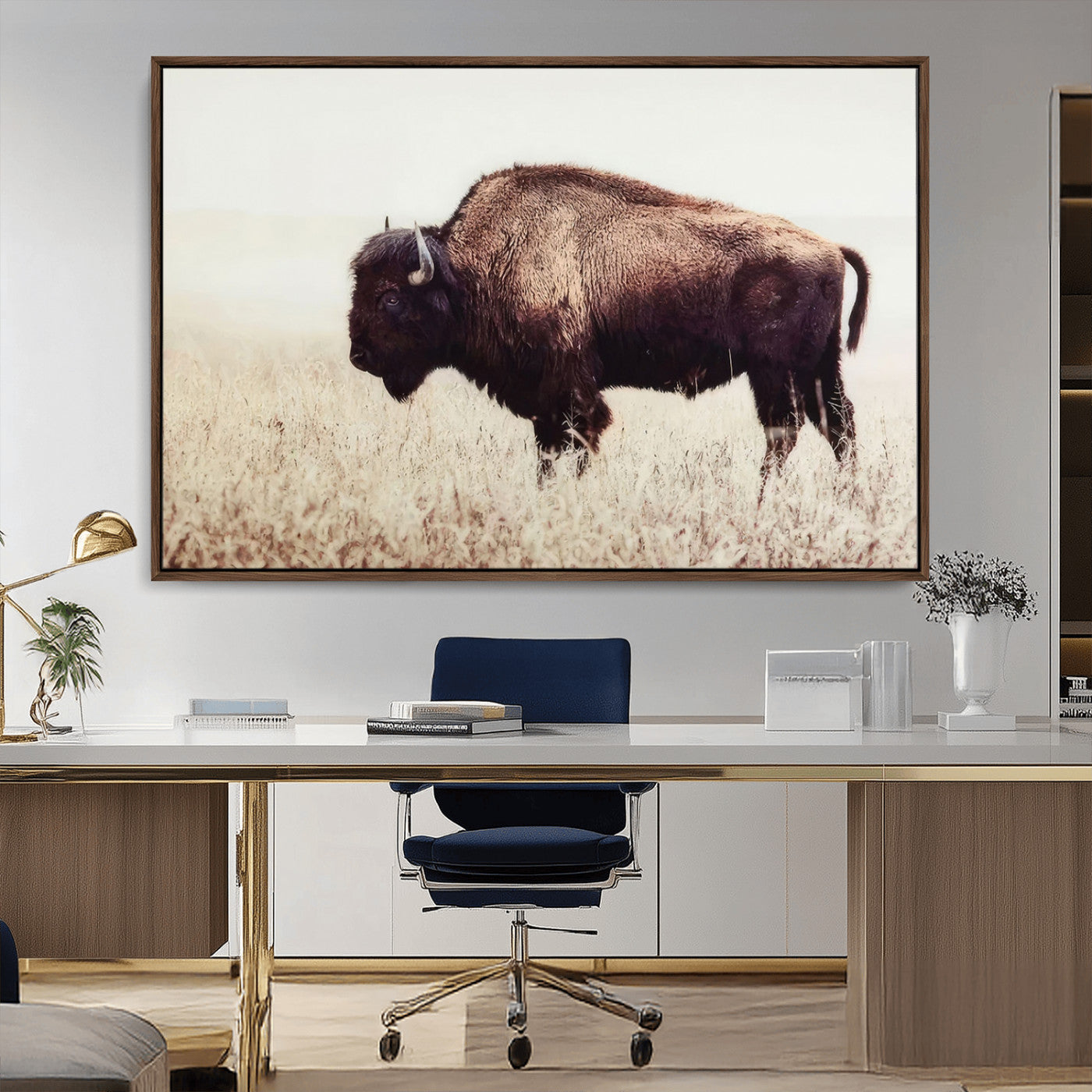 MGV-FC-36X24 - Bison in Field Wall Art Canvas Print For Farmhouse Barn Decor