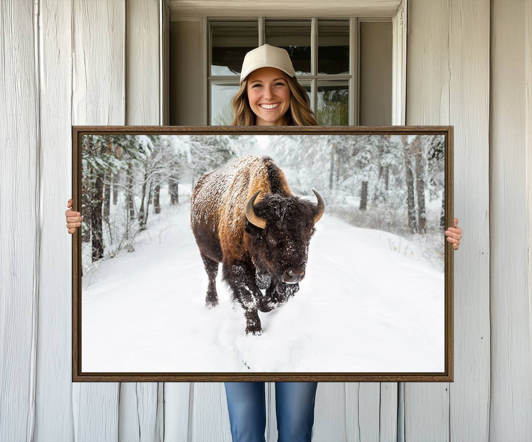 The dining area showcases the Bison Wall Art Canvas Print for Farmhouse.